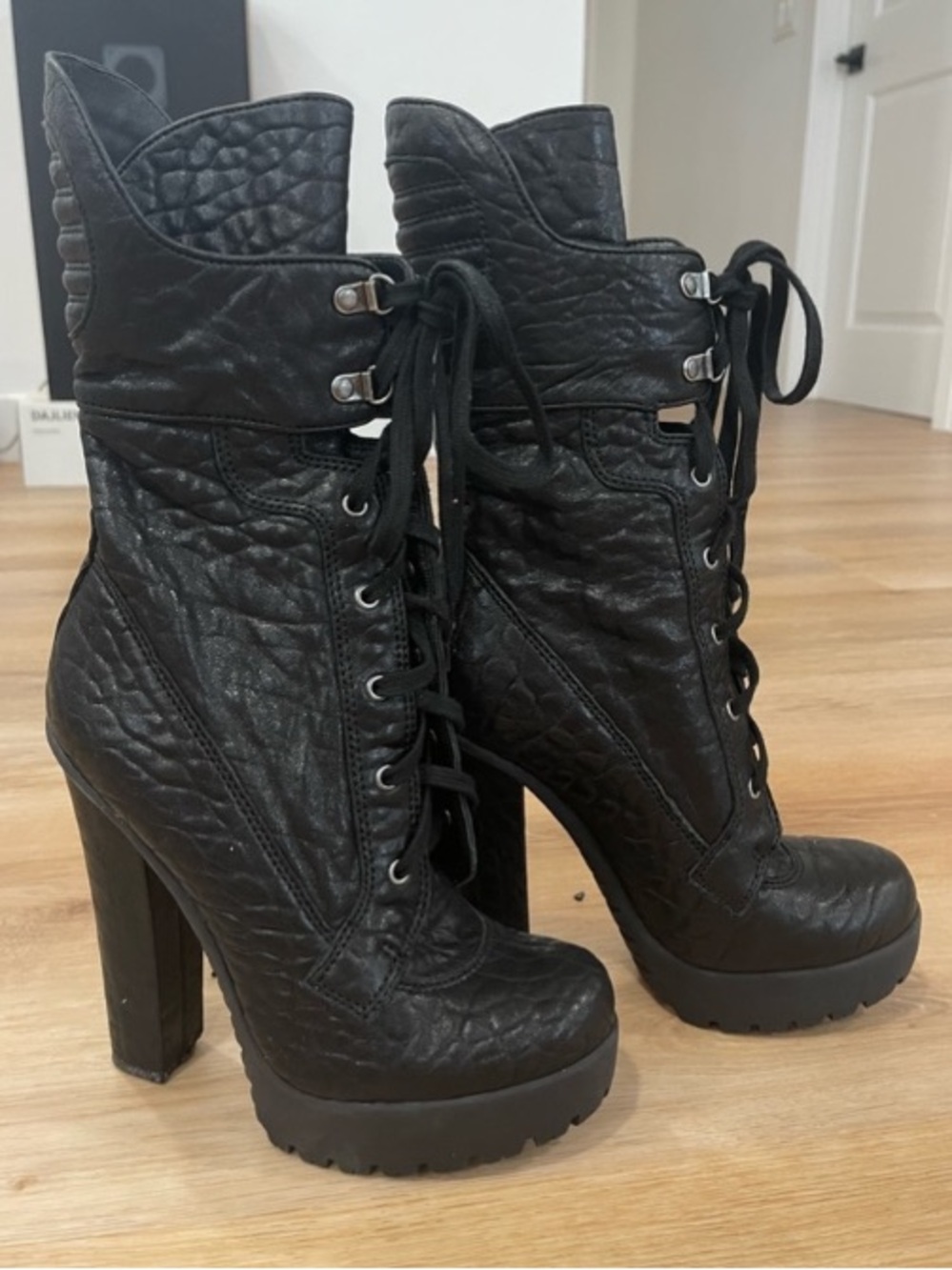 Platform reptile alligator texture motorcycle high biker boots 8 Vera Wang Saks